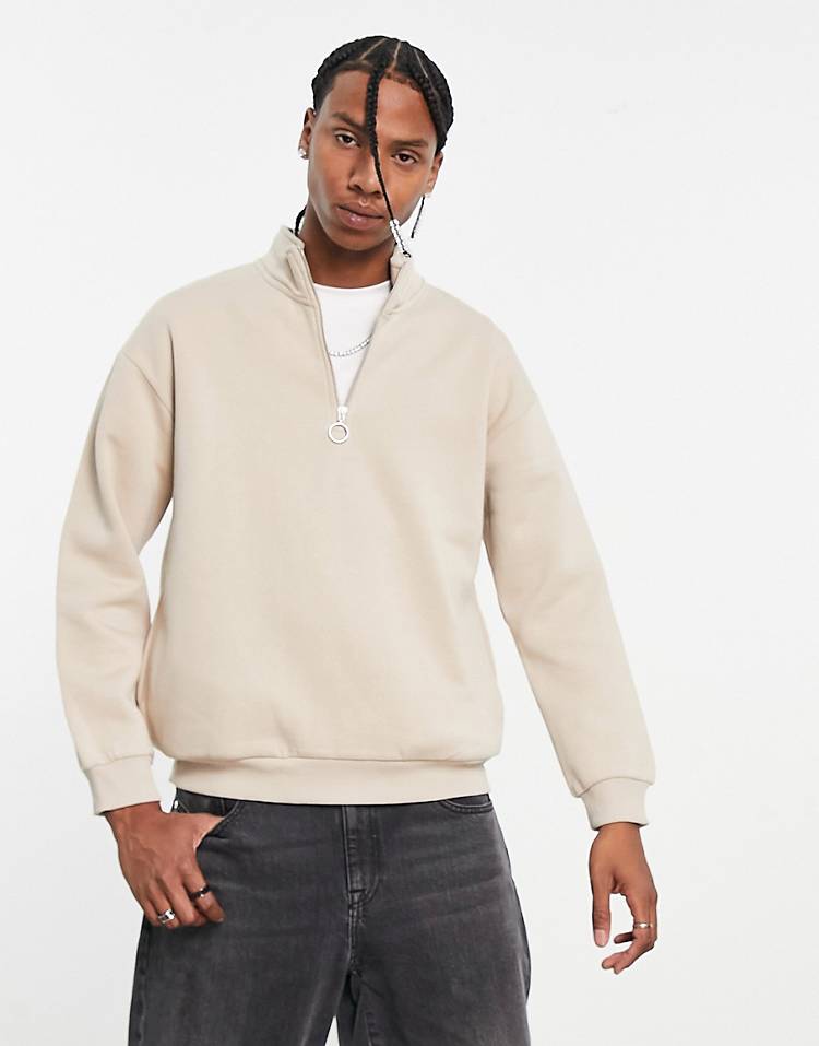 Bershka 1/4 zip sweatshirt in beige exclusive at ASOS